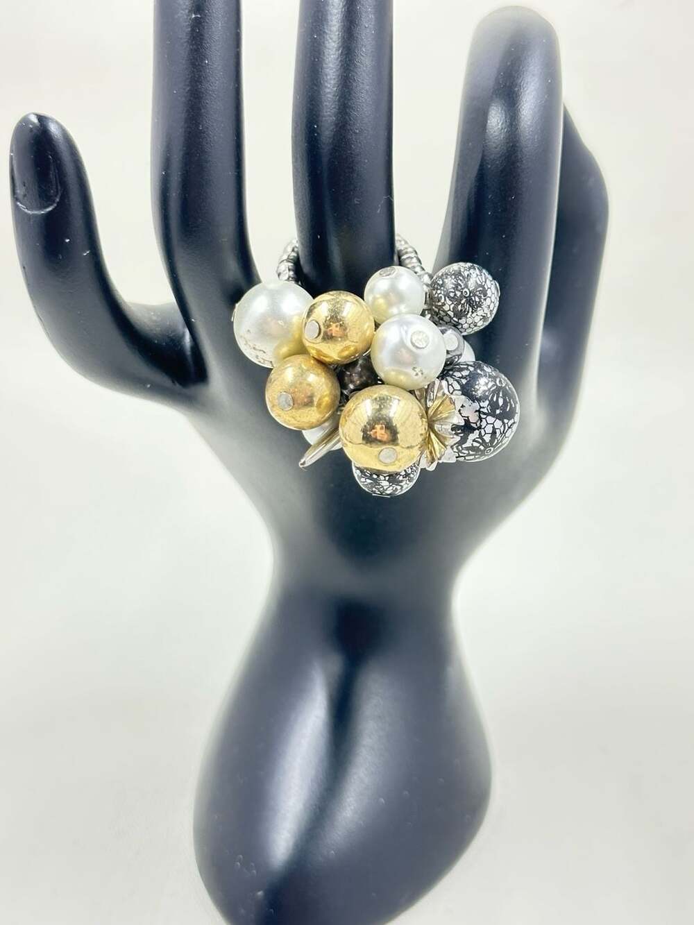 Aya Azrielant Silver Tone Multi-Bead Cluster Statement Ring